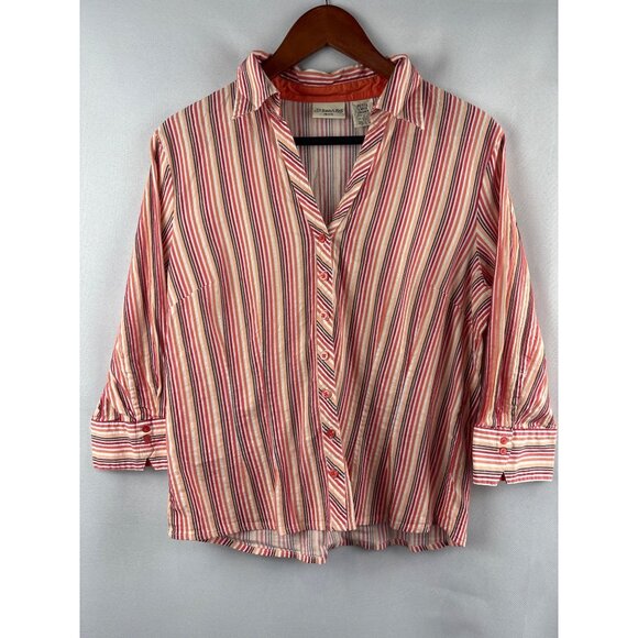 St. Johns Bay Petite Large Striped Button-Up Shirt 3/4 Sleeve Cotton & Spandex M - Picture 1 of 5